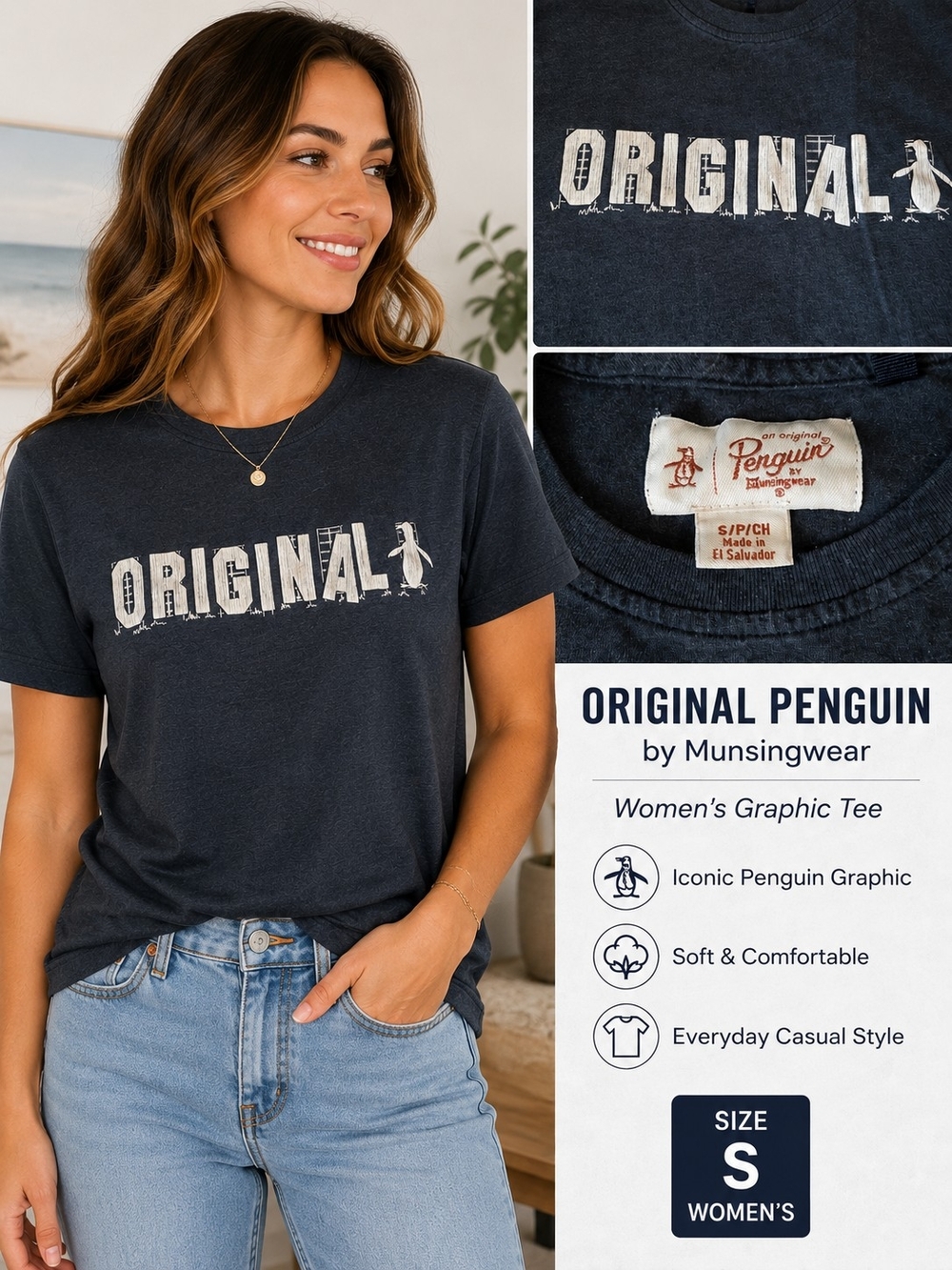 Penguin By Munsingwear women's Blue Charcoal 'Original' Graphic Short-Sleeve Tee